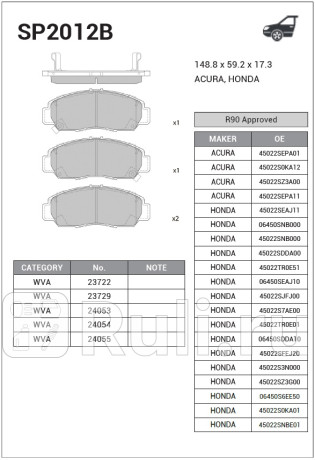 SP2012B - Колодки тормозные дисковые передние (HI-Q) Honda Civic 5D (2011-2016) для Honda Civic 5D (2011-2016), HI-Q, SP2012B