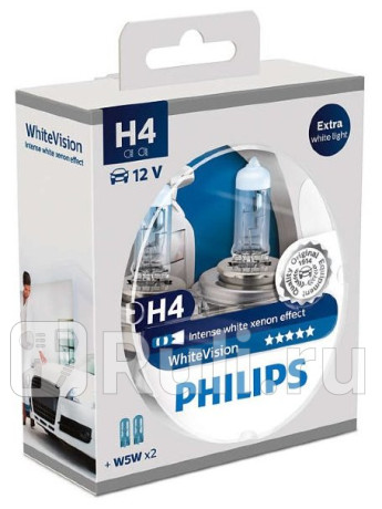 12342 WHV SM - Лампа H4 (60/55W) PHILIPS White Vision 3700K +60% яркости для Автомобильные лампы, PHILIPS, 12342 WHV SM